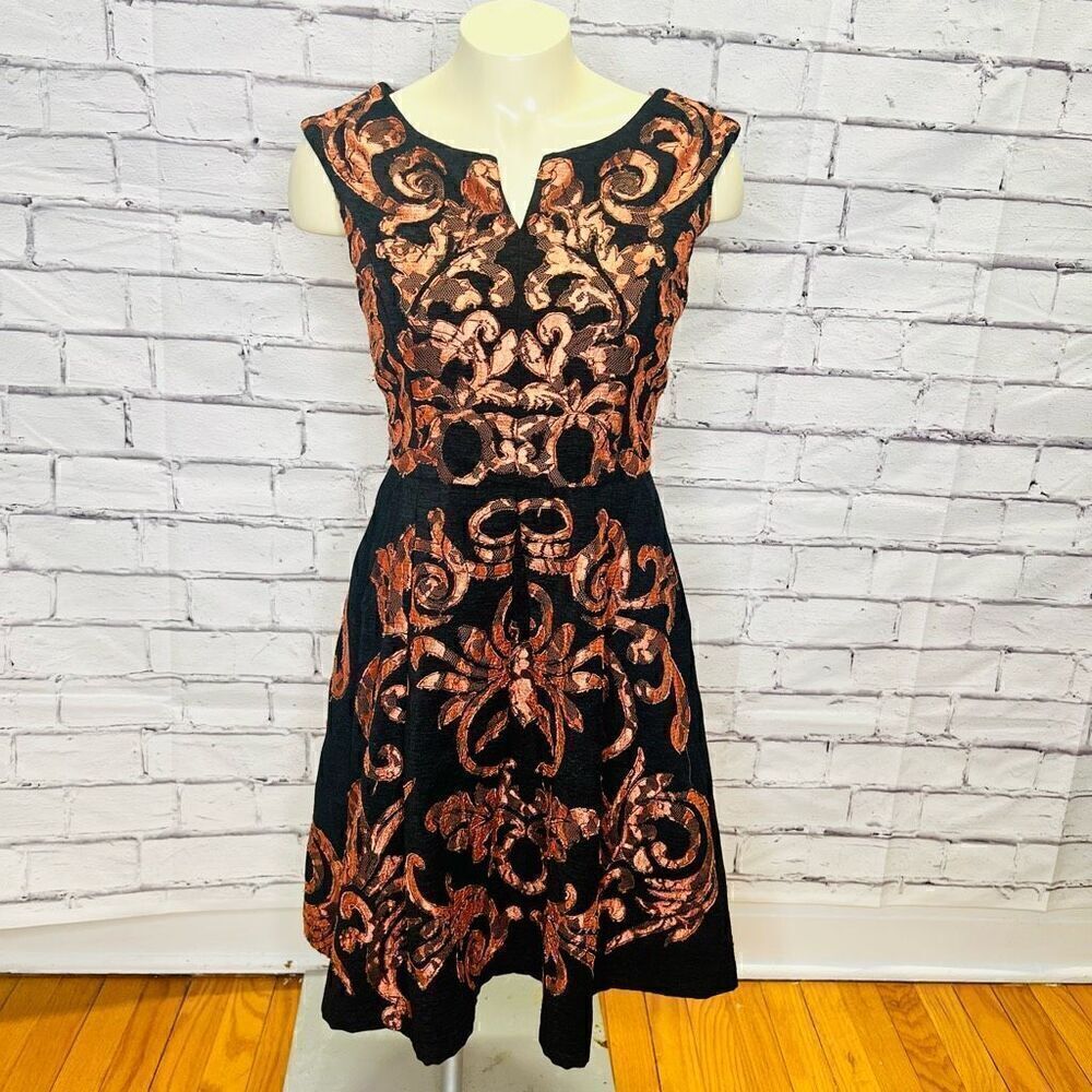 Yoana Baraschi Black Orange Sleeveless Fit & Flare Lace Paisley Dress Size 0